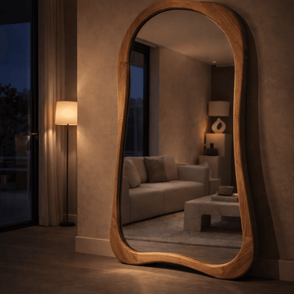 Rowena Wavy Teak Wood Mirror – Sculptural Organic Full-Length Floor Mirror