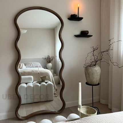 Seraphina Wavy Teak Floor Mirror – Artistic Full-Length Mirror for Bedroom & Living Room