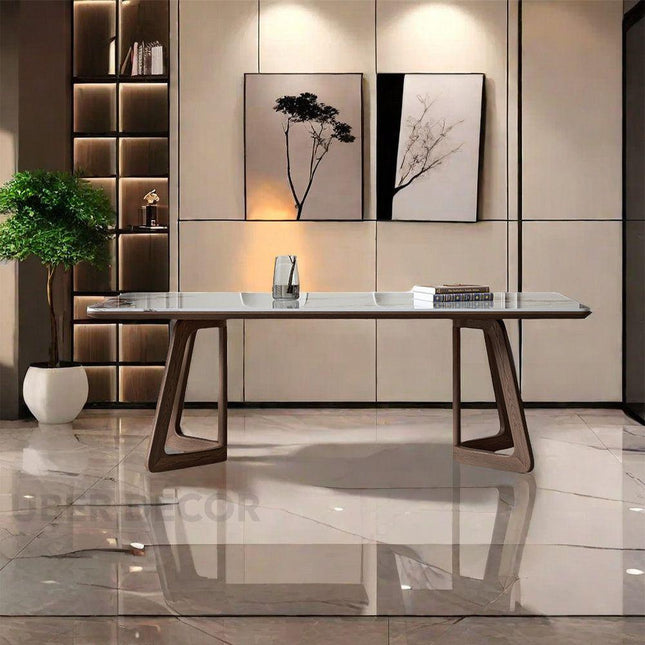 Havenridge Dining Table with Marble Top, Warm Contemporary Mid-Century Modern Design, Solid Wood Base, Elegant Dining Table for Dining Room & Living Spaces