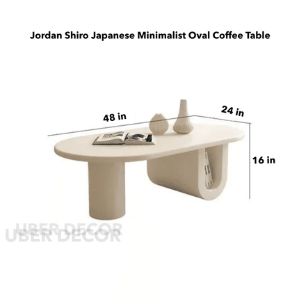 Jordan Shiro Japanese Minimalist Oval Coffee Table – White MDF Top with Solid Ash Wood Legs, Matte Finish – Integrated Storage Shelf – Ideal for Living Room and Bedroom