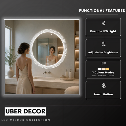 Refloria round led mirror- 3-colour touch button front-lit or backlit frameless bathroom vanity mirror