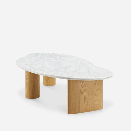 Tangon Functional Mid Century Modern Japandi Coffee Table Scandinavian Organic Freeform Marble Top Wooden Block Legs Center Table for Living Room