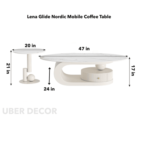 Lena Glide Nordic Mobile Coffee Table White Top Teak Wood Legs Matte Finish Versatile Rolling Design for Living Room Bedroom - Uber Decor
