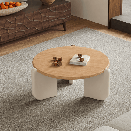 Purus Functional Mid Century Modern Japandi Coffee Table with Scandinavian Round Wooden Top and Wooden Base