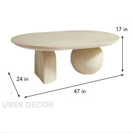 Magdalena Sculptural Mid Century Japandi Coffee Table with Organic Round Wooden Top and Sphere and Arched Block Legs