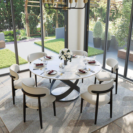 Axen Dining Table Sculptural X Base Design Mid Century Modern European Inspired Marble Top Dining Table with Carbon Steel Base for Dining Room