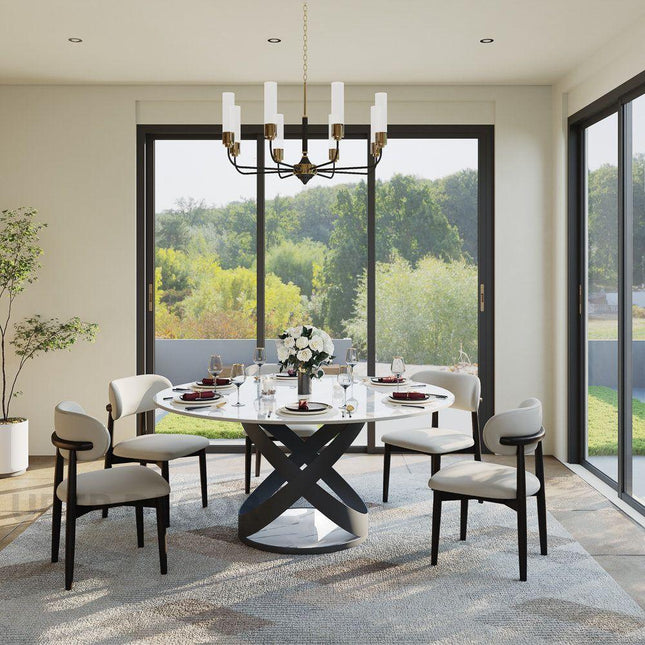 Axen Dining Table Sculptural X Base Design Mid Century Modern European Inspired Marble Top Dining Table with Carbon Steel Base for Dining Room