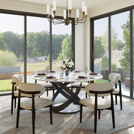 Axen Dining Table Sculptural X Base Design Mid Century Modern European Inspired Marble Top Dining Table with Carbon Steel Base for Dining Room