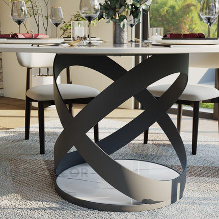 Axen Dining Table Sculptural X Base Design Mid Century Modern European Inspired Marble Top Dining Table with Carbon Steel Base for Dining Room