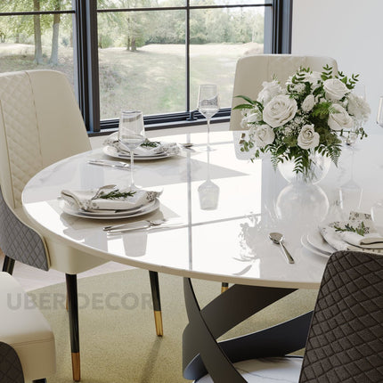 Axen Dining Table Sculptural X Base Design Mid Century Modern European Inspired Marble Top Dining Table with Carbon Steel Base for Dining Room