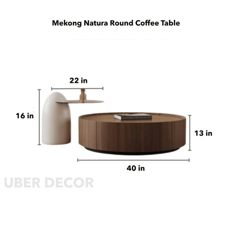 Mekong Natura Round Coffee Table and Penguin 3C Glass Side Table Set Solid Wood Reinforced Glass Elegant Duo for Indoor Living - Uber Decor