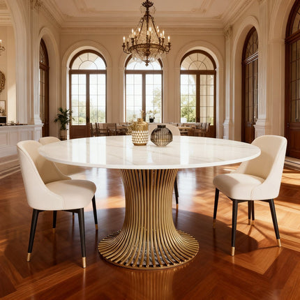 Virex Dining Table Sculptural Fluted Pedestal Design Mid Century Modern European Inspired Marble Top Dining Table with Metal Base for Dining Room