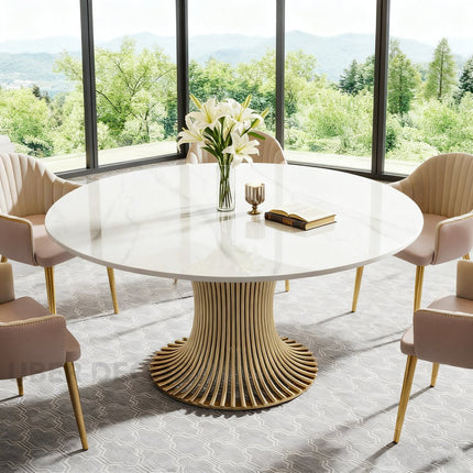 Virex Dining Table Sculptural Fluted Pedestal Design Mid Century Modern European Inspired Marble Top Dining Table with Metal Base for Dining Room