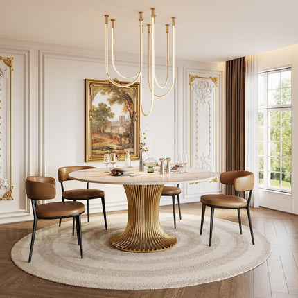 Virex Dining Table Sculptural Fluted Pedestal Design Mid Century Modern European Inspired Marble Top Dining Table with Metal Base for Dining Room