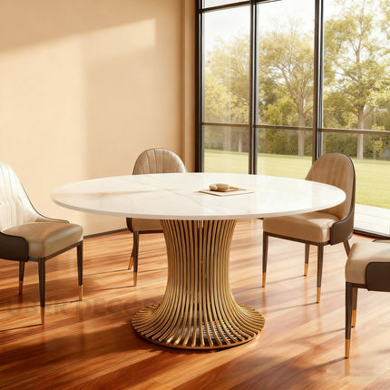 Virex Dining Table Sculptural Fluted Pedestal Design Mid Century Modern European Inspired Marble Top Dining Table with Metal Base for Dining Room