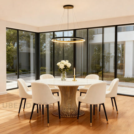 Virex Dining Table Sculptural Fluted Pedestal Design Mid Century Modern European Inspired Marble Top Dining Table with Metal Base for Dining Room
