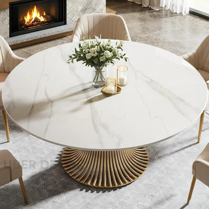 Virex Dining Table Sculptural Fluted Pedestal Design Mid Century Modern European Inspired Marble Top Dining Table with Metal Base for Dining Room