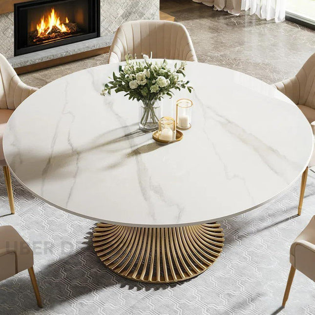 Virex Dining Table Sculptural Fluted Pedestal Design Mid Century Modern European Inspired Marble Top Dining Table with Metal Base for Dining Room