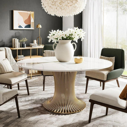 Virex Dining Table Sculptural Fluted Pedestal Design Mid Century Modern European Inspired Marble Top Dining Table with Metal Base for Dining Room