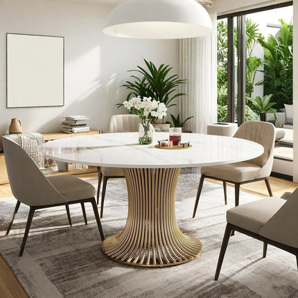 Virex Dining Table Sculptural Fluted Pedestal Design Mid Century Modern European Inspired Marble Top Dining Table with Metal Base for Dining Room