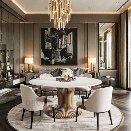 Virex Dining Table Sculptural Fluted Pedestal Design Mid Century Modern European Inspired Marble Top Dining Table with Metal Base for Dining Room