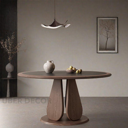 Terra Arc Round Dining Table Japandi Mid Century Modern Design Solid Wood Pedestal Legs Dining Table for Modern Homes