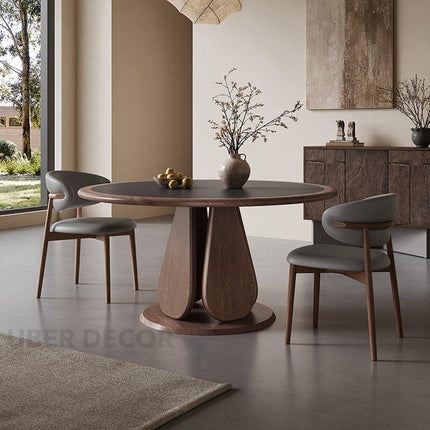 Terra Arc Round Dining Table Japandi Mid Century Modern Design Solid Wood Pedestal Legs Dining Table for Modern Homes