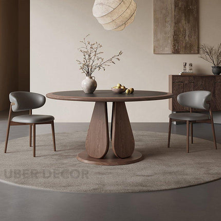 Terra Arc Round Dining Table Japandi Mid Century Modern Design Solid Wood Pedestal Legs Dining Table for Modern Homes