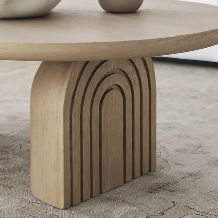 Magdalena Sculptural Mid Century Japandi Coffee Table – Organic Round Wooden Top with Sphere and Arched Block Legs – Artistic Designer Centerpiece for Living Room