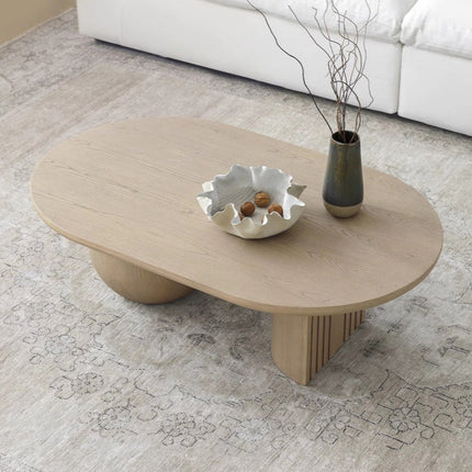 Magdalena Sculptural Mid Century Japandi Coffee Table – Organic Round Wooden Top with Sphere and Arched Block Legs – Artistic Designer Centerpiece for Living Room