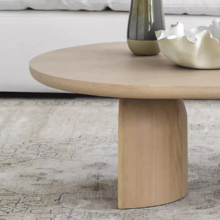 Magdalena Sculptural Mid Century Japandi Coffee Table – Organic Round Wooden Top with Sphere and Arched Block Legs – Artistic Designer Centerpiece for Living Room