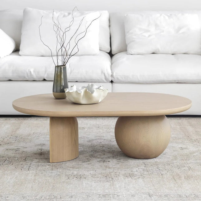 Magdalena Sculptural Mid Century Japandi Coffee Table – Organic Round Wooden Top with Sphere and Arched Block Legs – Artistic Designer Centerpiece for Living Room