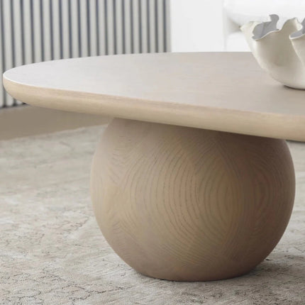 Magdalena Sculptural Mid Century Japandi Coffee Table – Organic Round Wooden Top with Sphere and Arched Block Legs – Artistic Designer Centerpiece for Living Room