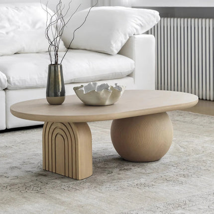 Magdalena Sculptural Mid Century Japandi Coffee Table – Organic Round Wooden Top with Sphere and Arched Block Legs – Artistic Designer Centerpiece for Living Room