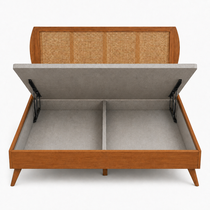 OakBend Wabi-Sabi Curved Rattan Platform Bed – Japandi Customisable Wooden Bed for Guest Bedrooms