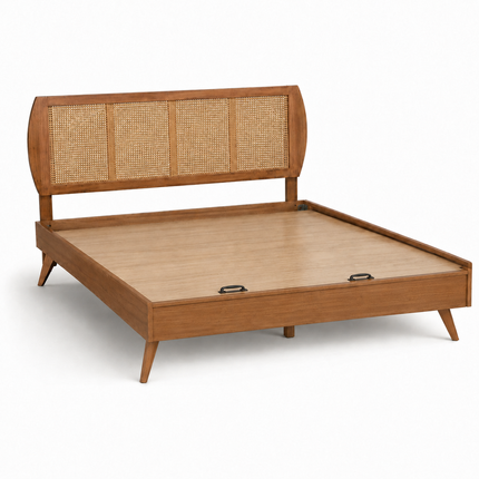 OakBend Wabi-Sabi Curved Rattan Platform Bed – Japandi Customisable Wooden Bed for Guest Bedrooms