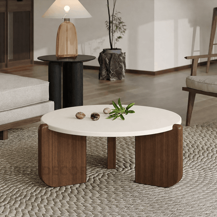 Purus Functional Mid Century Modern Japandi Coffee Table with Scandinavian Round Wooden Top and Wooden Base