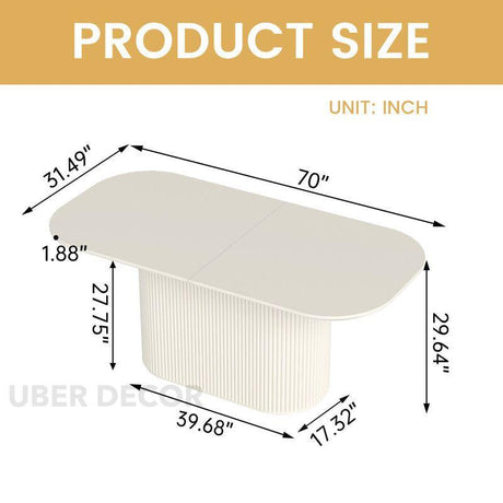 Aria Blanc Rectangular Dining Table Contemporary Japandi Design Matte Ivory Finish Ribbed Pedestal Base Ideal for Dining Room - Uber Decor