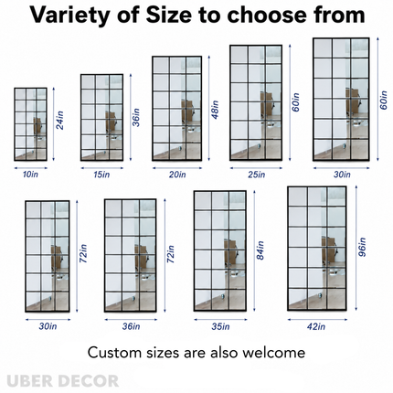 PanePerfection Window-Style Metal Frame Grid Style Full-Length Mirror for Foyer, Bedroom or Balcony
