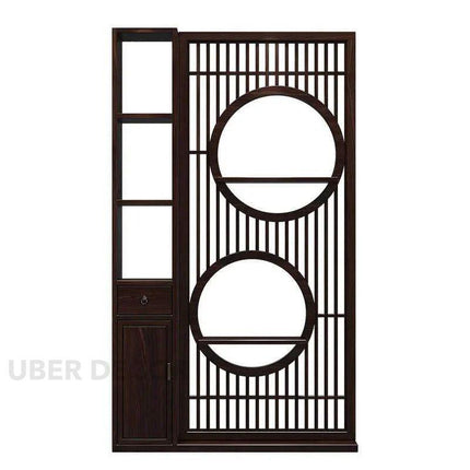 Orvano Solid Wood Multifunctional Partition Divider with Circular Frame Design and Storage Shelves for Living Room & Entry Spaces