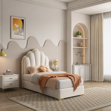 Petalrest Shell Bed – Stylish Upholstery with Sculpted Shell Headboard