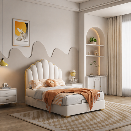 Petalrest Shell Bed – Stylish Upholstery with Sculpted Shell Headboard