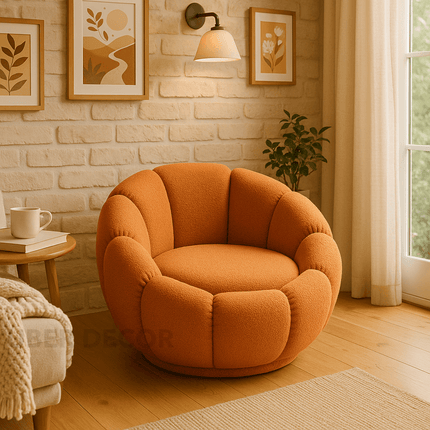 Pumpkin Sofa Chair with Ottoman and Pumpkin Cushion Pillow- Luxury Boucle Cloud Couch