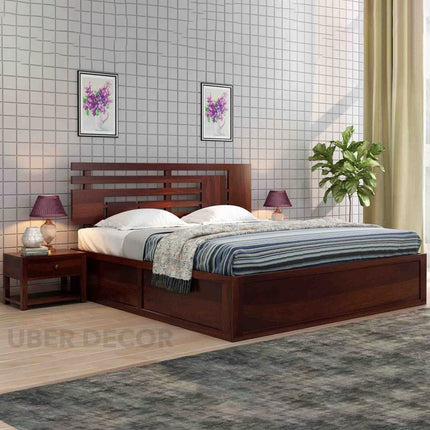 Woodline Storage Bed – Solid Wood Frame with Geometric Headboard