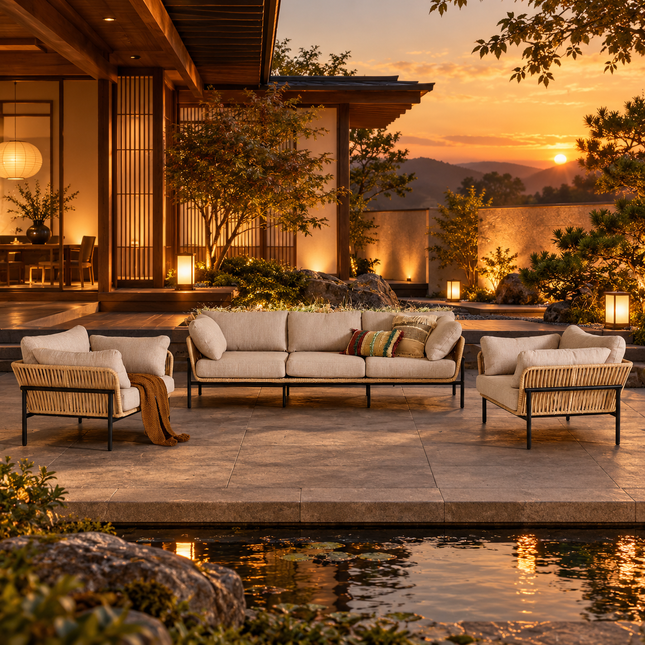 Rattan Riviera Rope Wicker Outdoor Sofa Set, Patio Conversation Garden Lounge Set, Japandi Boho Poolside Terrace Porch Furniture