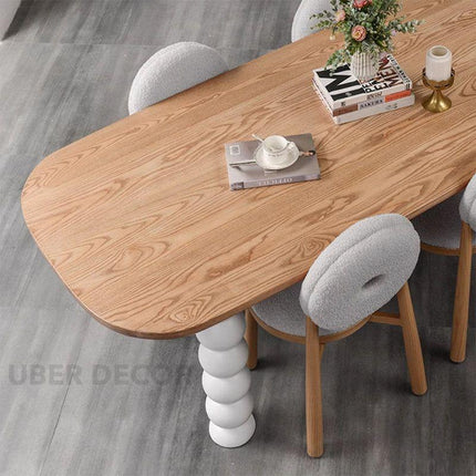 Nora Sphere Oval 6 Seater Dining Table Contemporary Scandinavian Design Natural Oak Top Gloss White Ball Legs Ideal for Dining Room - Uber Decor