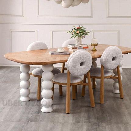 Nora Sphere Oval 6 Seater Dining Table Contemporary Scandinavian Design Natural Oak Top Gloss White Ball Legs Ideal for Dining Room - Uber Decor