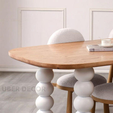 Nora Sphere Oval 6 Seater Dining Table Contemporary Scandinavian Design Natural Oak Top Gloss White Ball Legs Ideal for Dining Room - Uber Decor