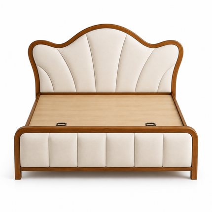 Restful Haven Curved Bed – Sculpted Upholstery with Natural Wood Frame
