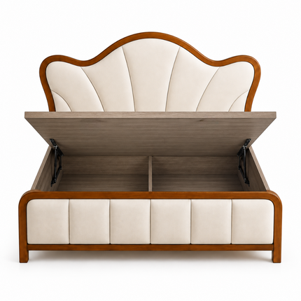 Restful Haven Curved Bed – Sculpted Upholstery with Natural Wood Frame